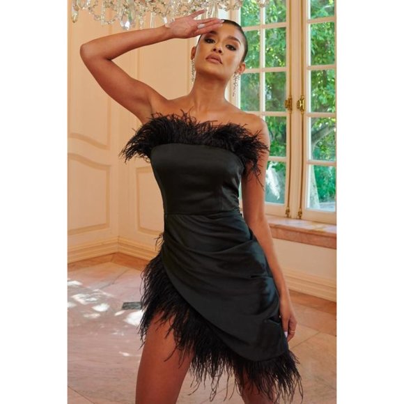 NWT Club L London Black Bandeau Wrap Front Mini Dress with Feather Trim 6 - Picture 1 of 7